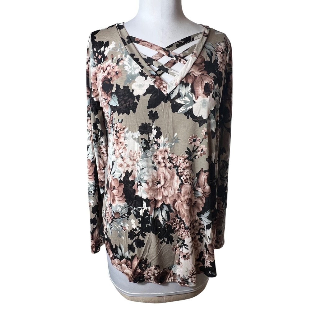 Sew In Love Womens Floral Lattice V-Neck Long Sleeve Top Taupe Black small/med‎
